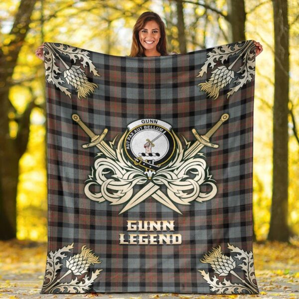 Gunn Weathered Clan Blanket, Scottish Tartan Gunn Weathered Clans Premium Blanket Gold Crest Style - Image 2