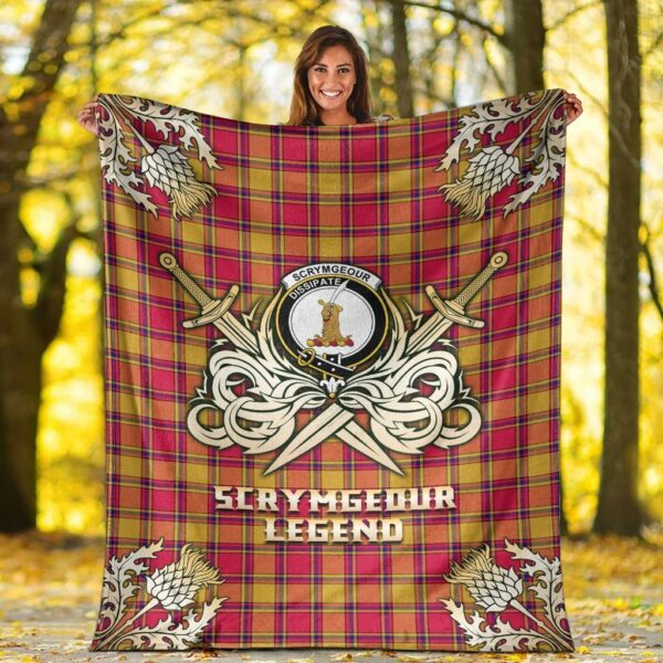 Scrymgeour Clan Blanket, Scottish Tartan Scrymgeour Clans Premium Blanket Gold Crest Style - Image 2