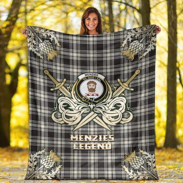 Menzies Black & White Ancient Clan Blanket, Scottish Tartan Menzies Black & White Ancient Clans Premium Blanket Gold Crest Style - Image 2