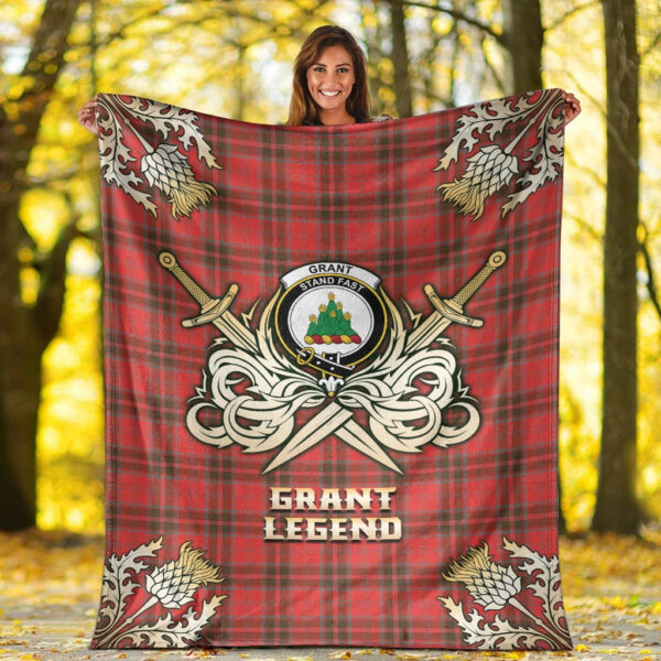 Grant Weathered Clan Blanket, Scottish Tartan Grant Weathered Clans Premium Blanket Gold Crest Style - Image 2