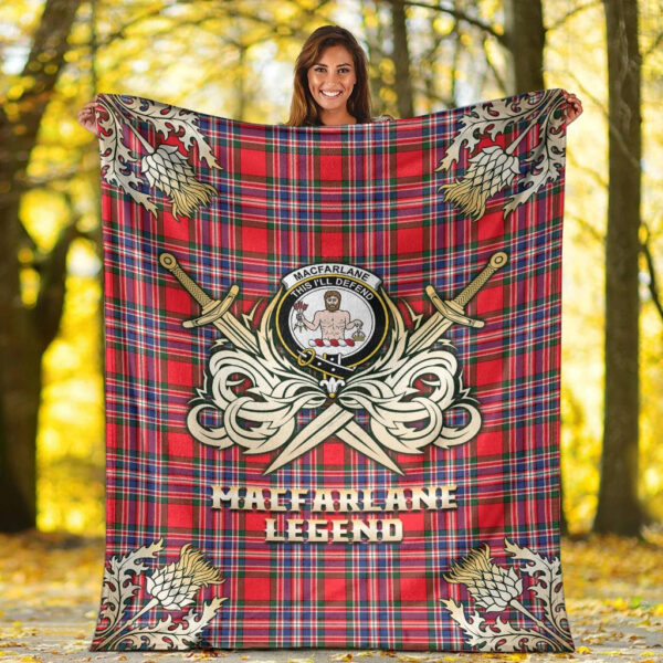 MacFarlane Modern Clan Blanket, Scottish Tartan MacFarlane Modern Clans Premium Blanket Gold Crest Style - Image 2