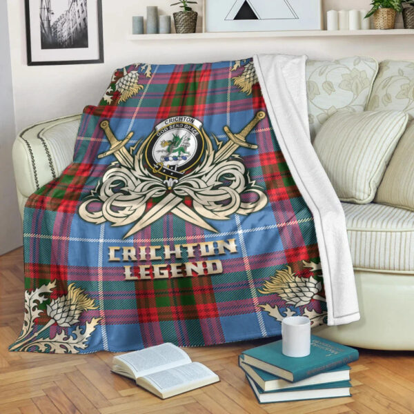 Crichton Clan Blanket, Scottish Tartan Crichton Clans Premium Blanket Gold Crest Style - Image 3