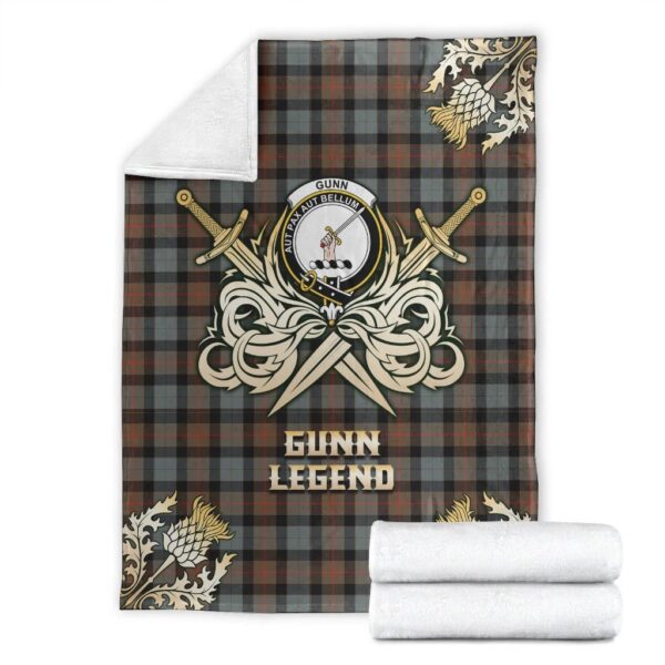 Gunn Weathered Clan Blanket, Scottish Tartan Gunn Weathered Clans Premium Blanket Gold Crest Style