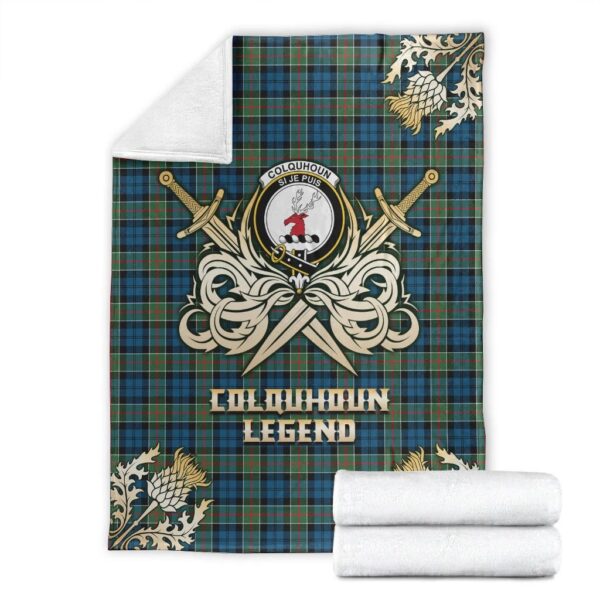 Colquhoun Ancient Clan Blanket, Scottish Tartan Colquhoun Ancient Clans Premium Blanket Gold Crest Style