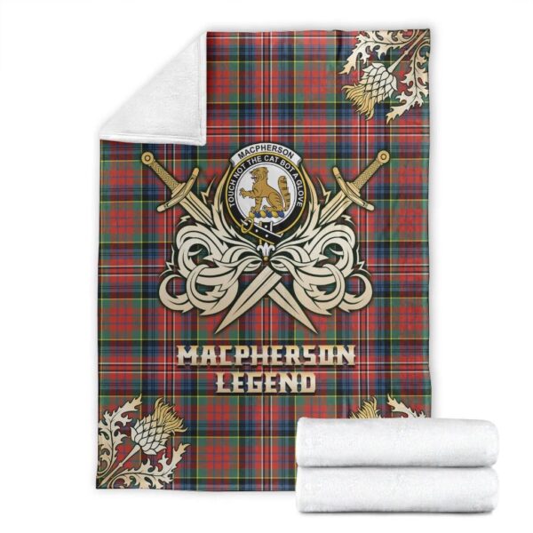 MacPherson Ancient Clan Blanket, Scottish Tartan MacPherson Ancient Clans Premium Blanket Gold Crest Style