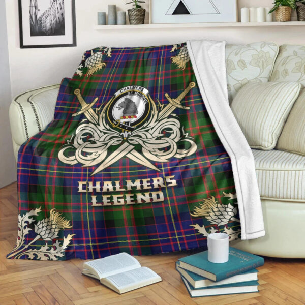 Chalmers Modern Clan Blanket, Scottish Tartan Chalmers Modern Clans Premium Blanket Gold Crest Style - Image 3