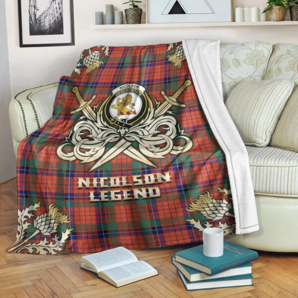 Nicolson Ancient Clan Blanket, Scottish Tartan Nicolson Ancient Clans Premium Blanket Gold Crest Style - Image 3