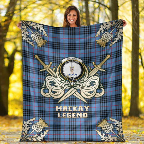 MacKay Blue Clan Blanket, Scottish Tartan MacKay Blue Clans Premium Blanket Gold Crest Style - Image 2