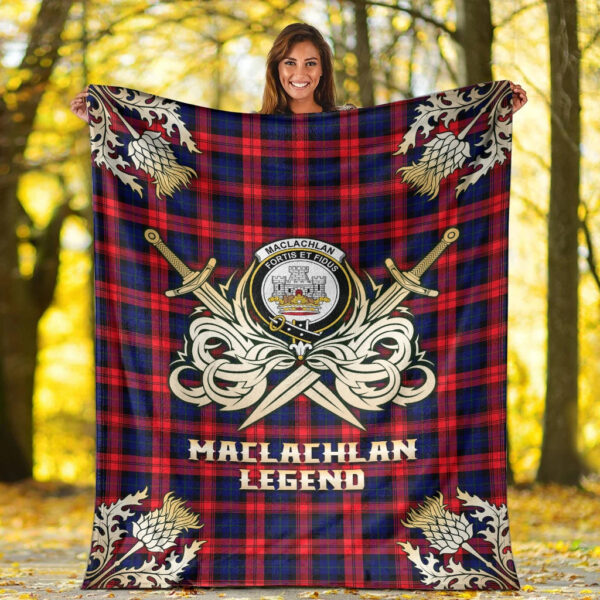 MacLachlan Modern Clan Blanket, Scottish Tartan MacLachlan Modern Clans Premium Blanket Gold Crest Style - Image 2