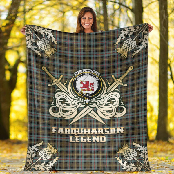 Farquharson Weathered Clan Blanket, Scottish Tartan Farquharson Weathered Clans Premium Blanket Gold Crest Style - Image 2