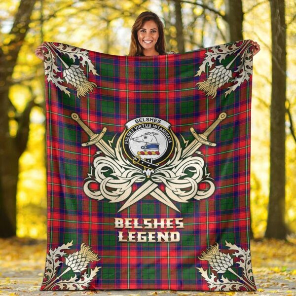 Belshes Clan Blanket, Scottish Tartan Belshes Clans Premium Blanket Gold Crest Style - Image 2