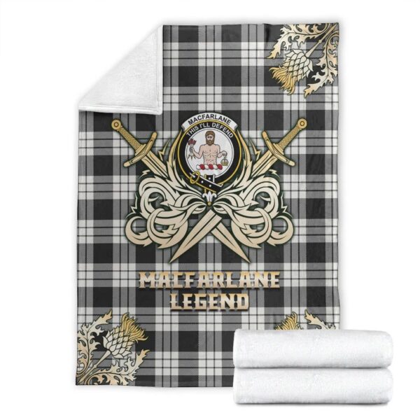 MacFarlane Black & White Ancient Clan Blanket, Scottish Tartan MacFarlane Black & White Ancient Clans Premium Blanket Gold Crest Style