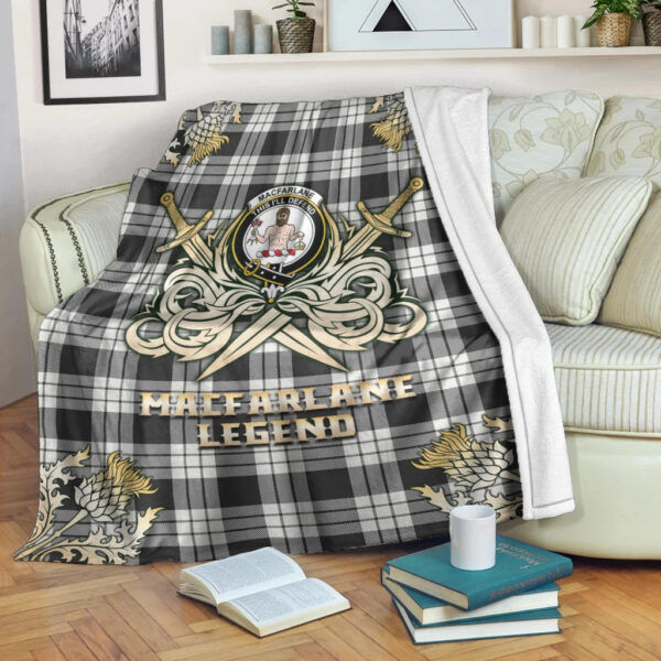 MacFarlane Black & White Ancient Clan Blanket, Scottish Tartan MacFarlane Black & White Ancient Clans Premium Blanket Gold Crest Style - Image 3