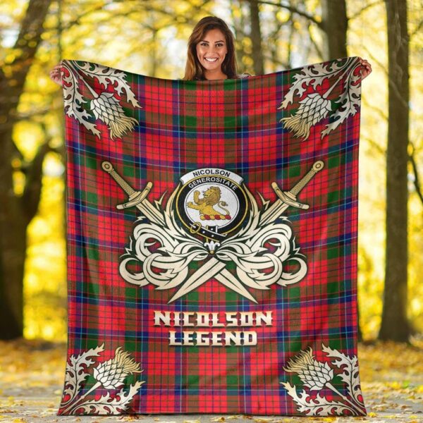 Nicolson Modern Clan Blanket, Scottish Tartan Nicolson Modern Clans Premium Blanket Gold Crest Style - Image 2