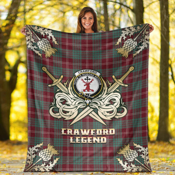 Crawford Modern Clan Blanket, Scottish Tartan Crawford Modern Clans Premium Blanket Gold Crest Style - Image 2