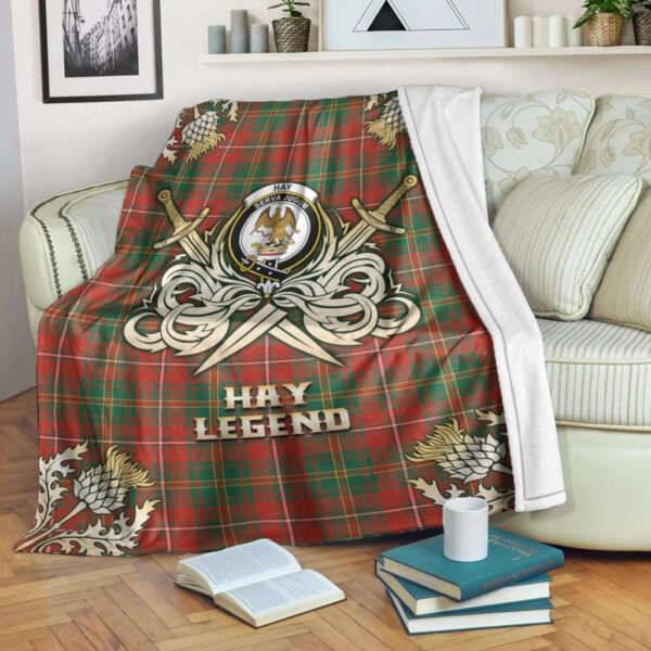 Hay Ancient Clan Blanket, Scottish Tartan Hay Ancient Clans Premium Blanket Gold Crest Style - Image 3