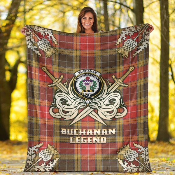 Buchanan Old Set Weathered Clan Blanket, Scottish Tartan Buchanan Old Set Weathered Clans Premium Blanket Gold Crest Style - Image 2