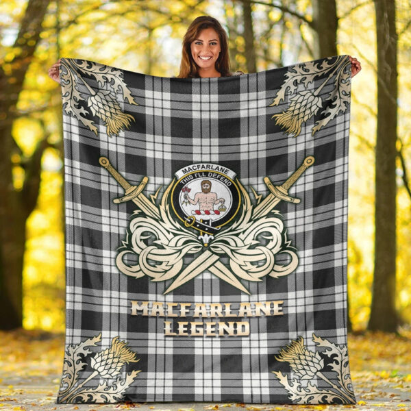 MacFarlane Black & White Ancient Clan Blanket, Scottish Tartan MacFarlane Black & White Ancient Clans Premium Blanket Gold Crest Style - Image 2