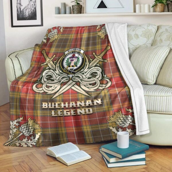 Buchanan Old Set Weathered Clan Blanket, Scottish Tartan Buchanan Old Set Weathered Clans Premium Blanket Gold Crest Style - Image 3