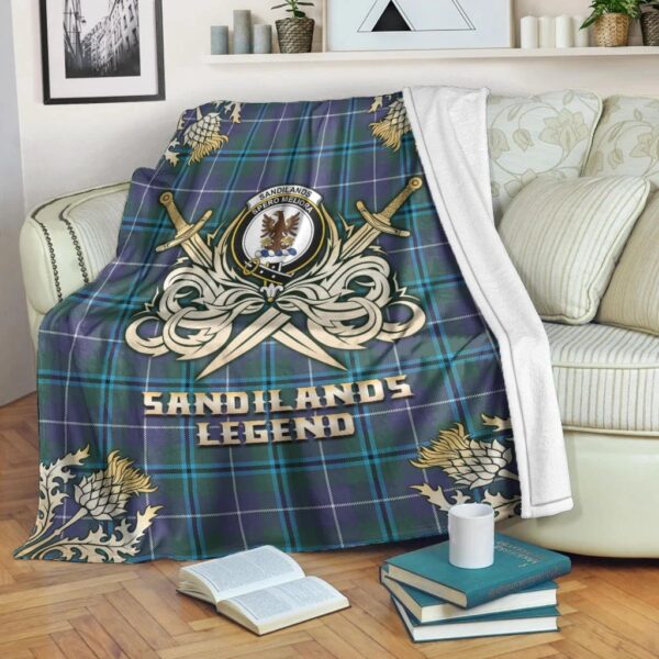 Sandilands Clan Blanket, Scottish Tartan Sandilands Clans Premium Blanket Gold Crest Style - Image 3