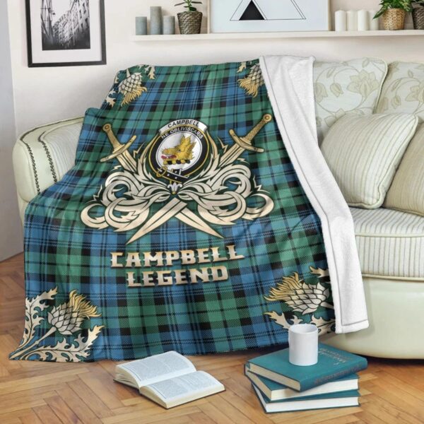 Campbell Ancient 01 Clan Blanket, Scottish Tartan Campbell Ancient 01 Clans Premium Blanket Gold Crest Style - Image 3