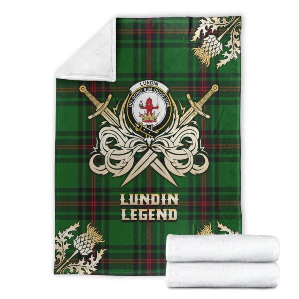 Lundin Clan Blanket, Scottish Tartan Lundin Clans Premium Blanket Gold Crest Style