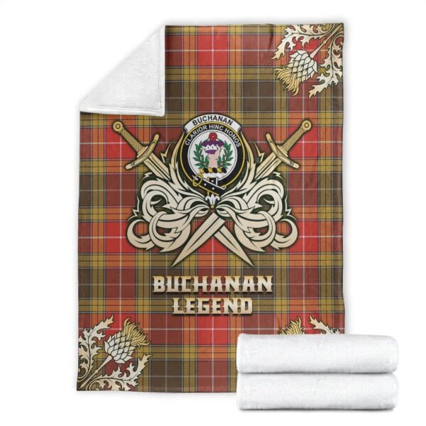 Buchanan Old Set Weathered Clan Blanket, Scottish Tartan Buchanan Old Set Weathered Clans Premium Blanket Gold Crest Style