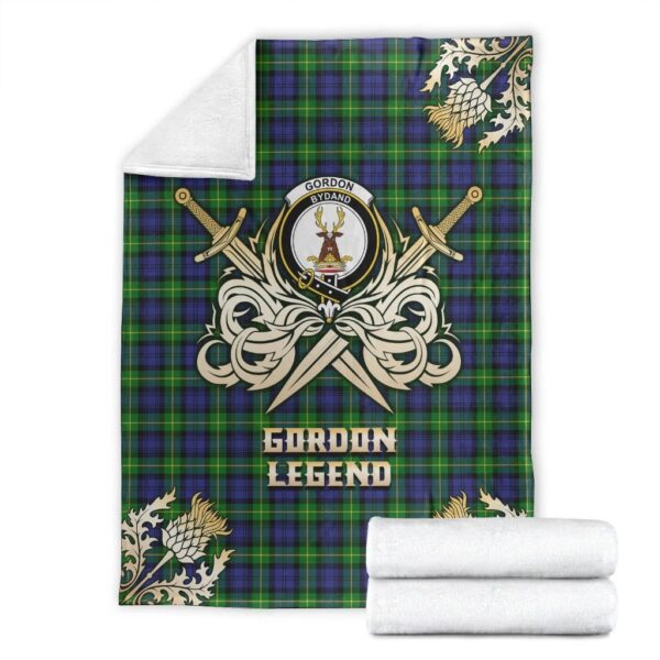 Gordon Modern Clan Blanket, Scottish Tartan Gordon Modern Clans Premium Blanket Gold Crest Style