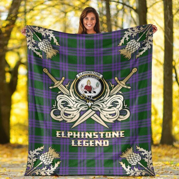 Elphinstone Clan Blanket, Scottish Tartan Elphinstone Clans Premium Blanket Gold Crest Style - Image 2