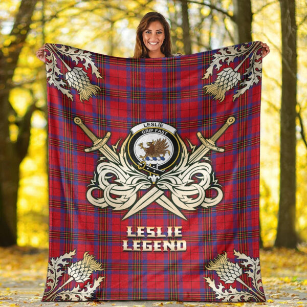 Leslie Modern Clan Blanket, Scottish Tartan Leslie Modern Clans Premium Blanket Gold Crest Style - Image 2