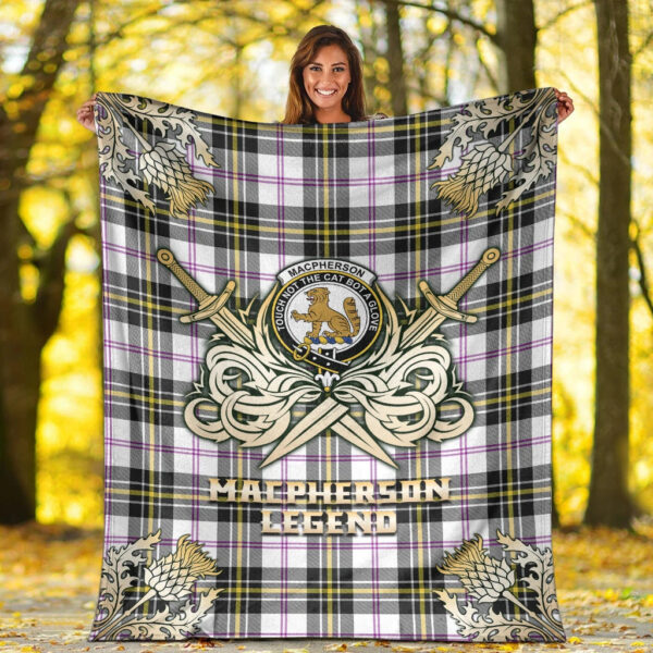 MacPherson Dress Modern Clan Blanket, Scottish Tartan MacPherson Dress Modern Clans Premium Blanket Gold Crest Style - Image 2