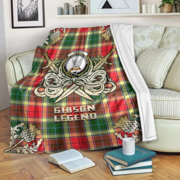 Gibson Clan Blanket, Scottish Tartan Gibson Clans Premium Blanket Gold Crest Style - Image 3