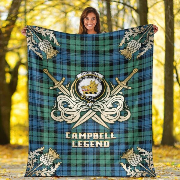 Campbell Ancient 01 Clan Blanket, Scottish Tartan Campbell Ancient 01 Clans Premium Blanket Gold Crest Style - Image 2