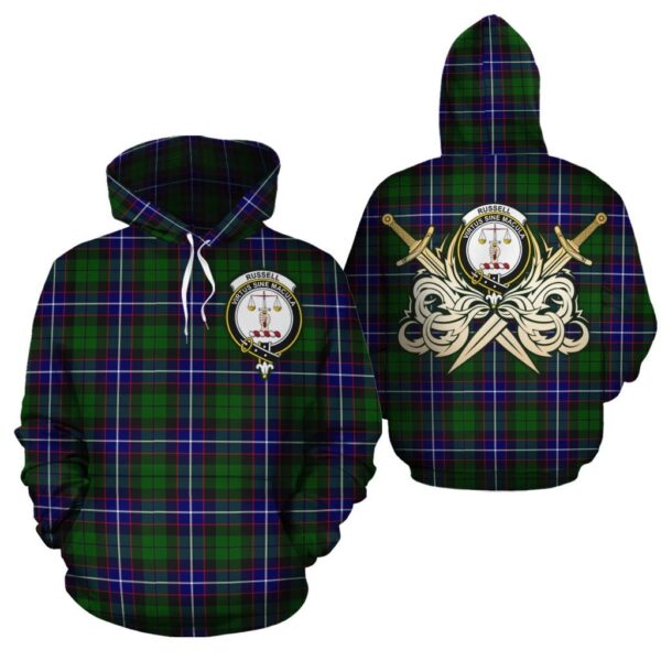 Russell Modern Clan Hoodie, Scottish Tartan Russell Modern Clans Hoodie Gold Thistle Style