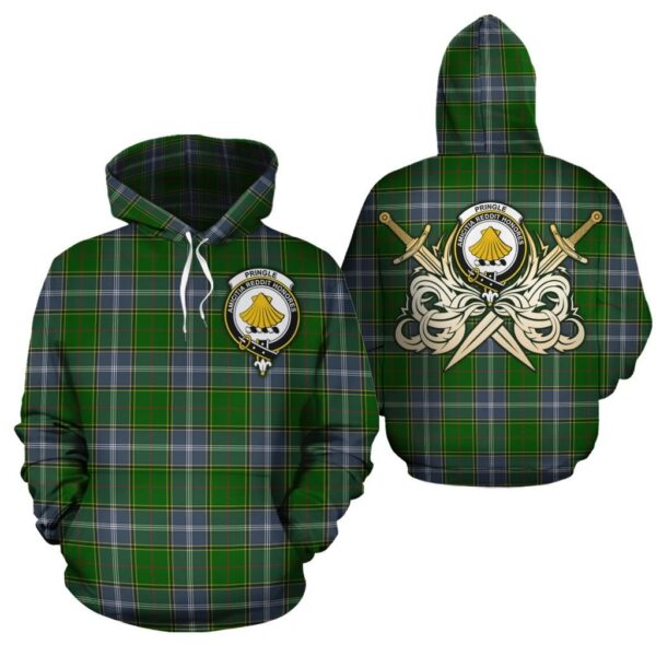 Pringle Clan Hoodie, Scottish Tartan Pringle Clans Hoodie Gold Thistle Style