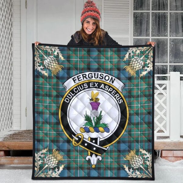 Ferguson Ancient Clan Quilt, Scottish Tartan Ferguson Ancient Clans Premium Quilt Thistle Gold Style