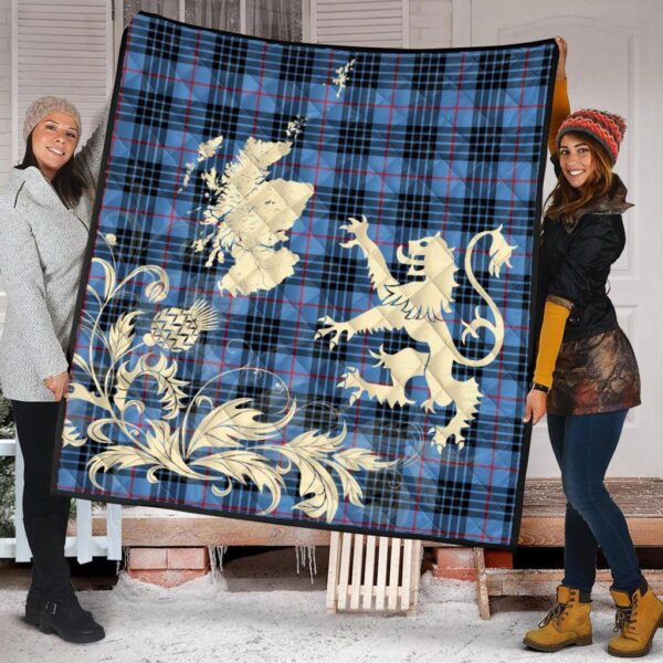 MacKay Blue Clan Quilt, Scottish Tartan MacKay Blue Clans Premium Quilt Lion Thistle Map Style - Image 2