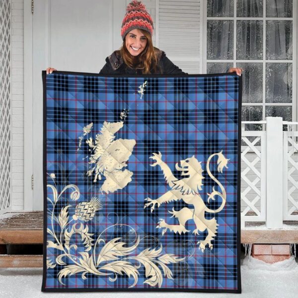 MacKay Blue Clan Quilt, Scottish Tartan MacKay Blue Clans Premium Quilt Lion Thistle Map Style - Image 3