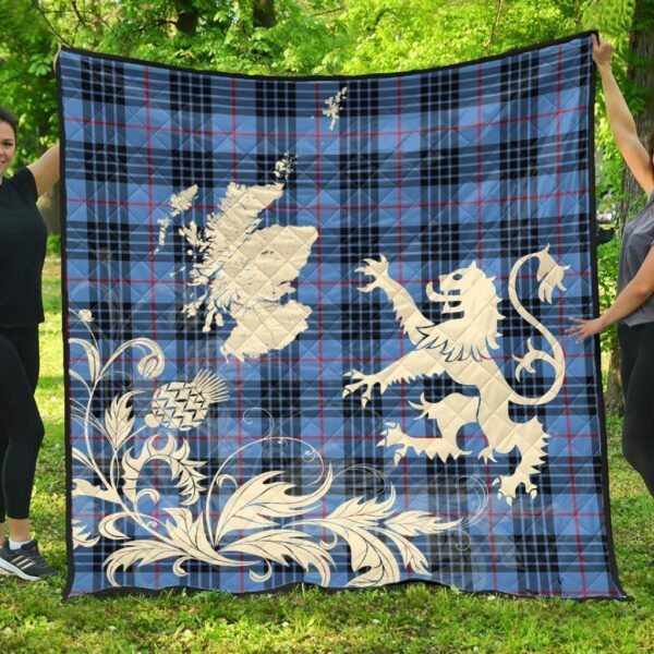 MacKay Blue Clan Quilt, Scottish Tartan MacKay Blue Clans Premium Quilt Lion Thistle Map Style