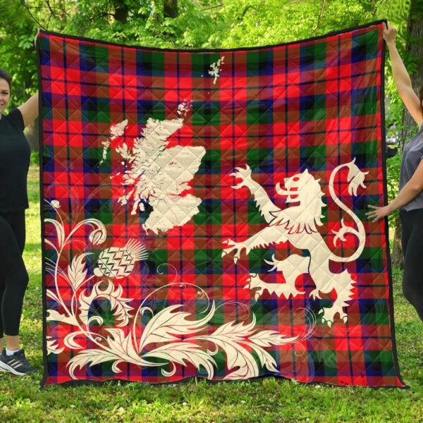 MacNaughton Modern Clan Quilt, Scottish Tartan MacNaughton Modern Clans Premium Quilt Lion Thistle Map Style