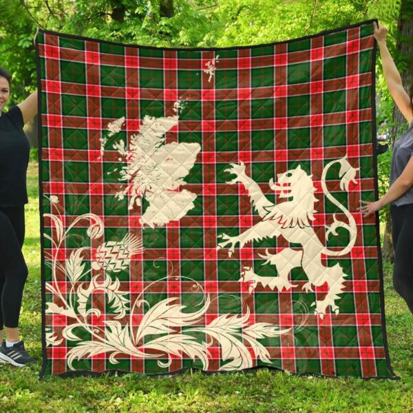 Pollock Modern Clan Quilt, Scottish Tartan Pollock Modern Clans Premium Quilt Lion Thistle Map Style