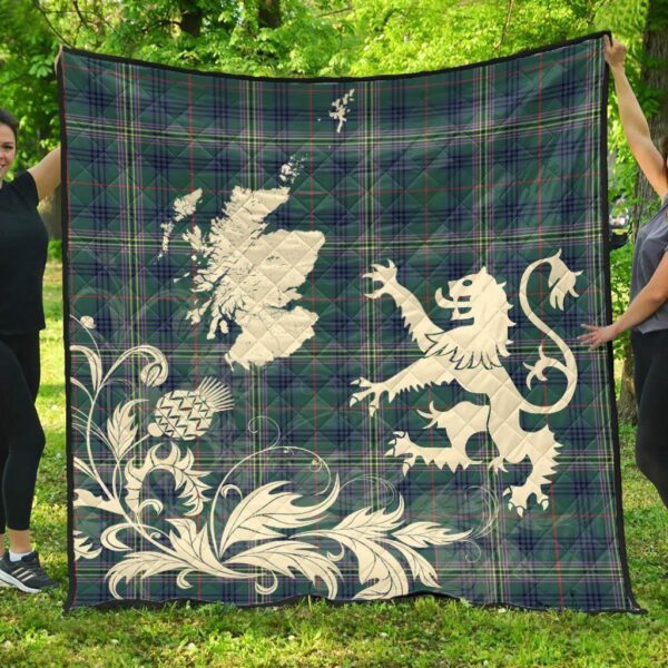 Kennedy Modern Clan Quilt, Scottish Tartan Kennedy Modern Clans Premium Quilt Lion Thistle Map Style