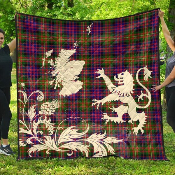 Carnegie Modern Clan Quilt, Scottish Tartan Carnegie Modern Clans Premium Quilt Lion Thistle Map Style