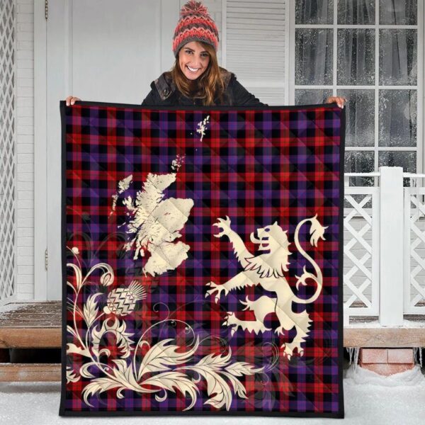 Brown Modern Clan Quilt, Scottish Tartan Brown Modern Clans Premium Quilt Lion Thistle Map Style - Image 3