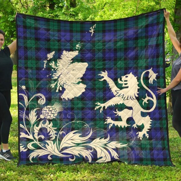 Blackwatch Modern Clan Quilt, Scottish Tartan Blackwatch Modern Clans Premium Quilt Lion Thistle Map Style