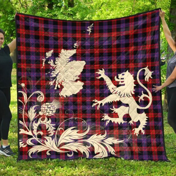 Brown Modern Clan Quilt, Scottish Tartan Brown Modern Clans Premium Quilt Lion Thistle Map Style