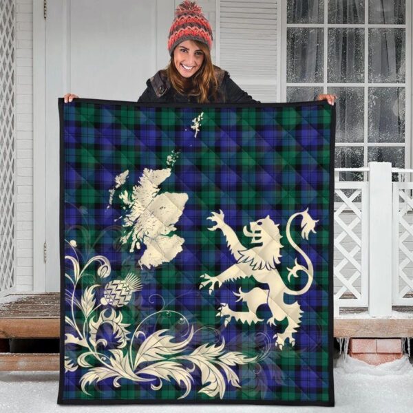 Blackwatch Modern Clan Quilt, Scottish Tartan Blackwatch Modern Clans Premium Quilt Lion Thistle Map Style - Image 3