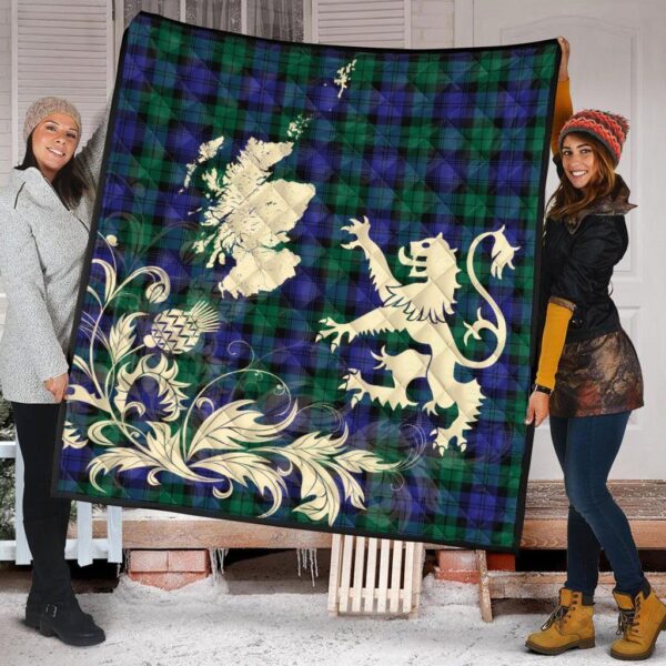 Blackwatch Modern Clan Quilt, Scottish Tartan Blackwatch Modern Clans Premium Quilt Lion Thistle Map Style - Image 2