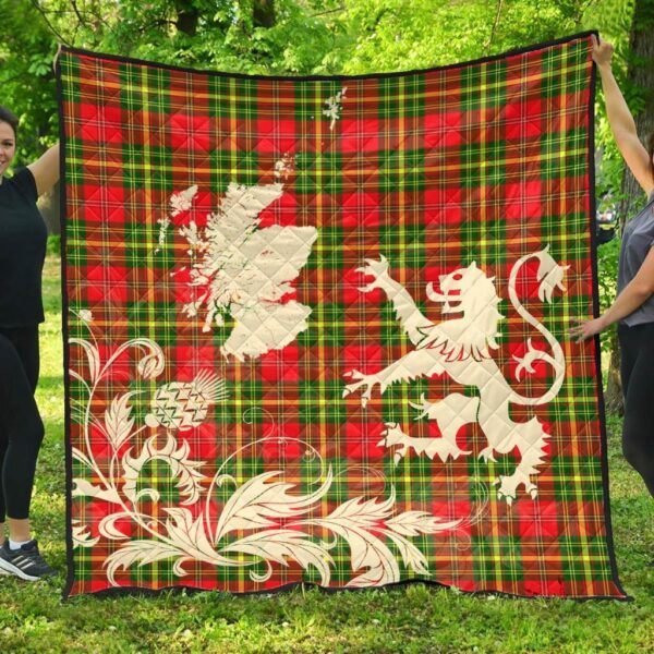 Leask Clan Quilt, Scottish Tartan Leask Clans Premium Quilt Lion Thistle Map Style