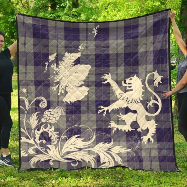 Cunningham Dress Blue Dancers Clan Quilt, Scottish Tartan Cunningham Dress Blue Dancers Clans Premium Quilt Lion Thistle Map Style